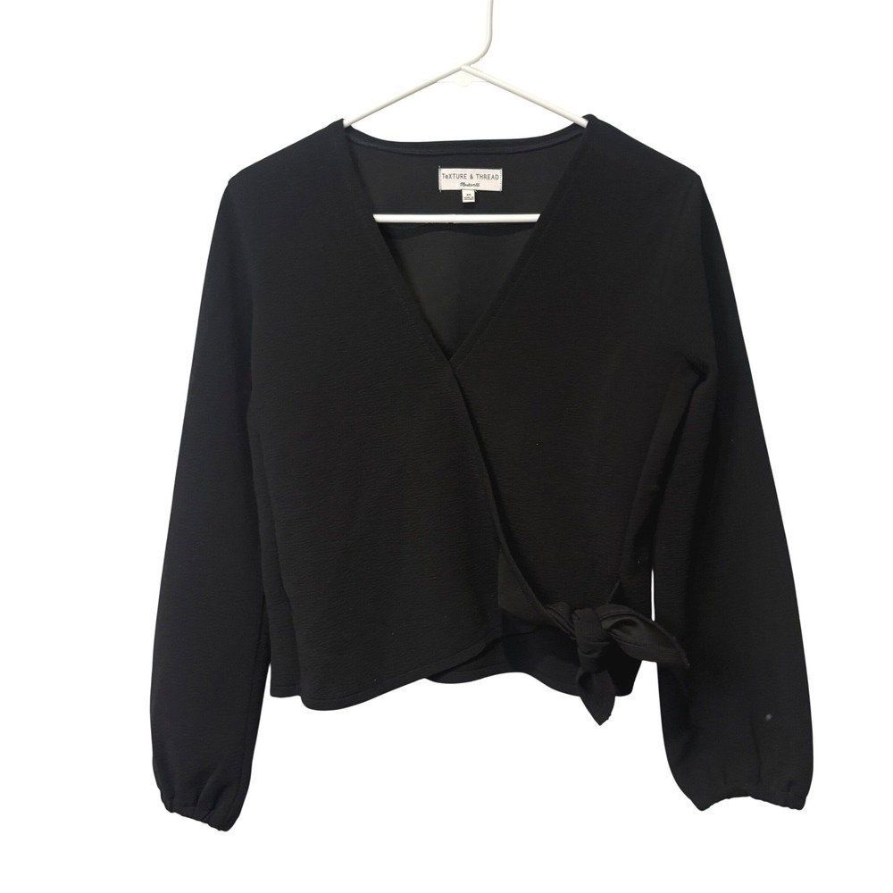 Madewell Texture & Thread Top Women XS Black Wrap Side Tie Long Sleeve V-Neck